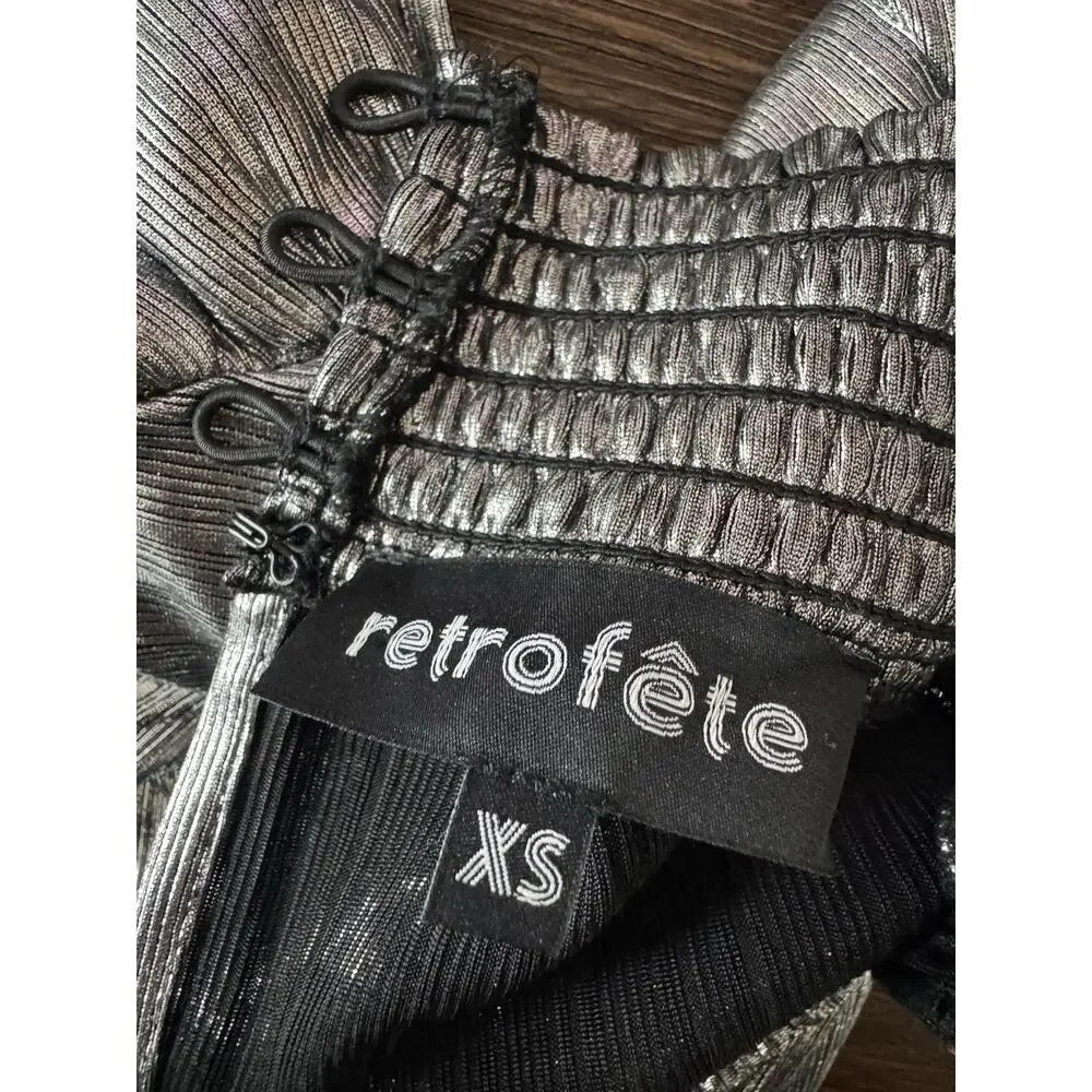 Retrofete Mini Dress Smocked Silver/Gunmetal XS Ruffle Metallic Party - Picture 10 of 12
